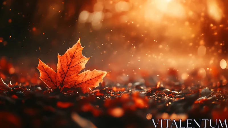 Single maple leaf glowing on warm autumn forest floor.
