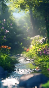 Sunlit forest stream flows between dense flowers and rocks