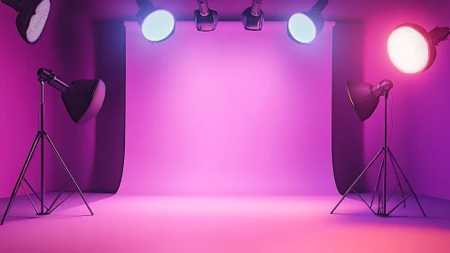 Studio cyclorama with magenta wash lighting and softboxes