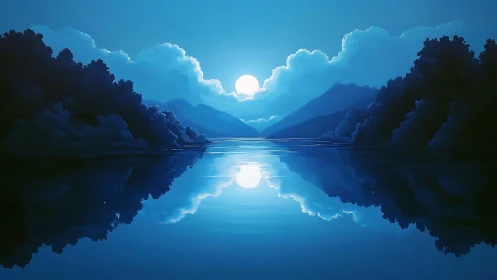Moonlit lake mirroring soft clouds and quiet blue hills.