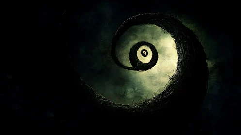 Brooding spiral eye curls open in moonlit charcoal dusk.