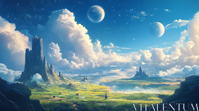 Expansive alien valley under twin moons with volumetric clouds