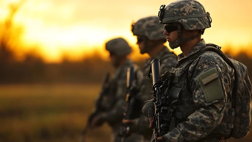 Soldiers in modern combat gear standing at sunset in field.