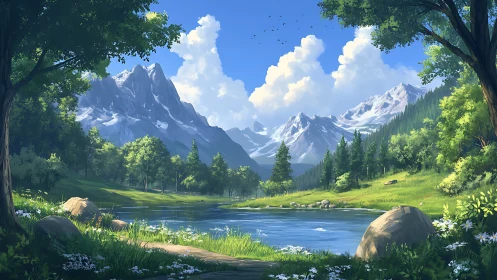 Mountain lake in bright green valley under clear sky.