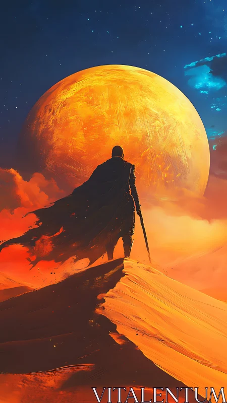 Lone desert warrior before blazing planetary horizon.