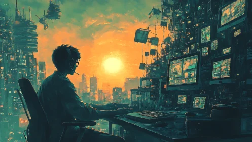 Person with headset monitors multiple screens in dense neon city