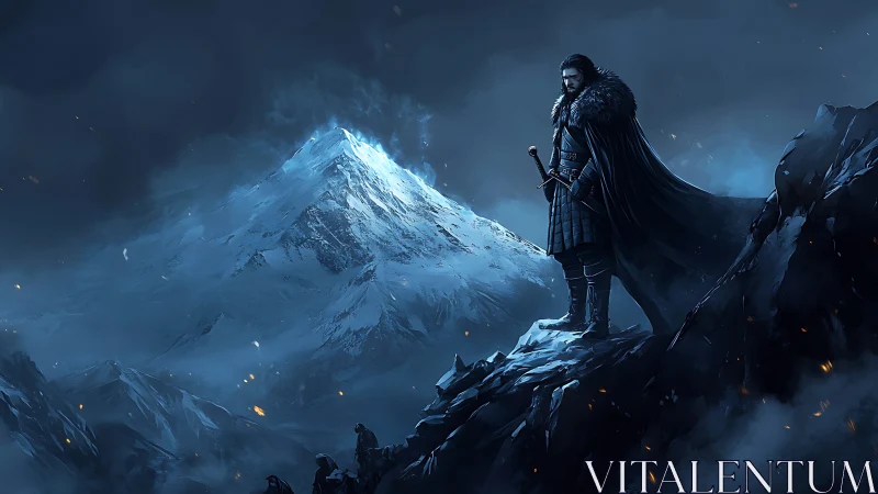 Armored ranger surveys glacial mountain ridge in cinematic blue light