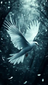 White bird in mid-flight within dim forest environment.