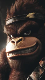 Close-up 3D render of grinning cartoon gorilla warrior.