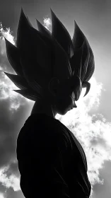 Brooding anime warrior stands tall against glowing skies.