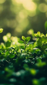 Tender green sprouts basking in soft morning sunlight.