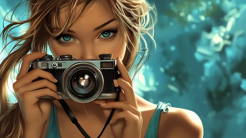 Sunlit photographer with teal eyes and vintage camera.