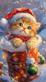 Snowy-eyed Christmas kitten pops from a glowing gift tube