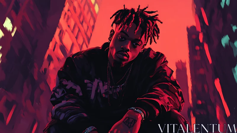 Urban portrait under neon skyline in saturated crimson light.