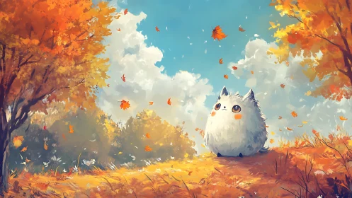 Fluffy forest friend daydreaming beneath swirling autumn leaves.