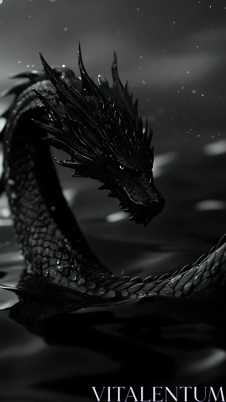 Midnight sea dragon curling through stormlit shadow waters.
