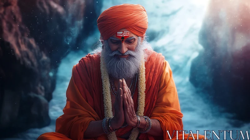 Digital painting portrait of meditative sage in orange robes.