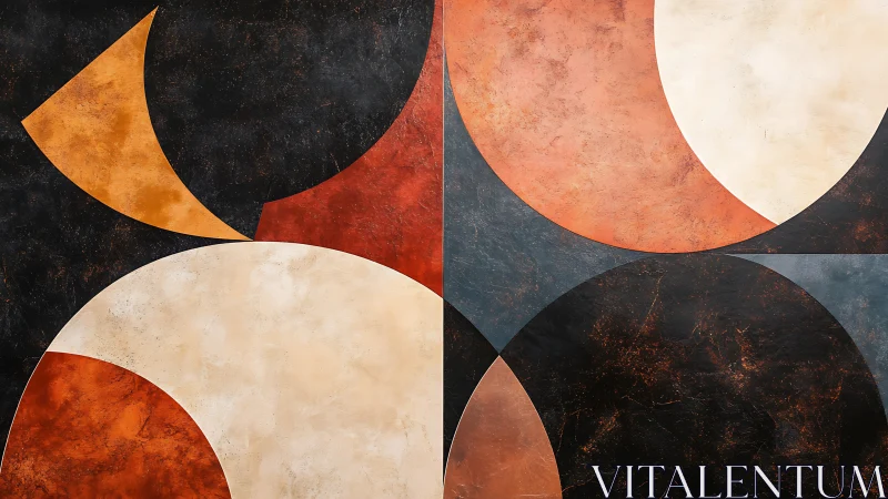 Geometric arcs overlay textured metallic surfaces in warm quadrants