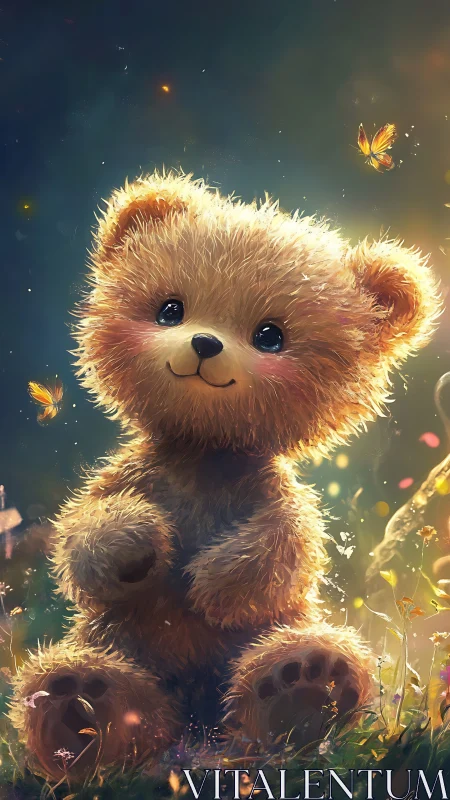 Fluffy teddy bear glows softly in a dreamy forest meadow