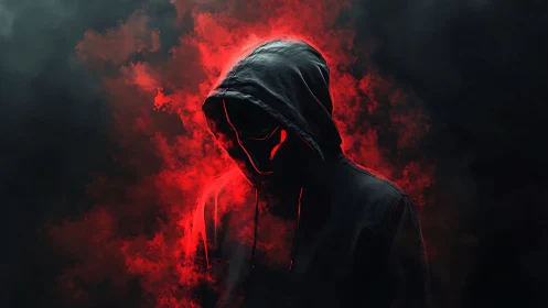 Hooded figure silhouette stands before red smoke field