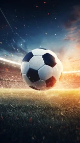 Dramatic soccer ball soars over stadium pitch at sunset