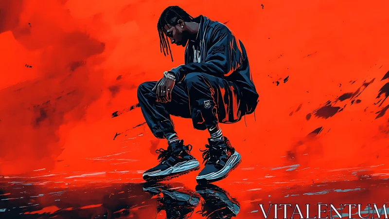 Digital painting of crouched streetwear figure on red field.