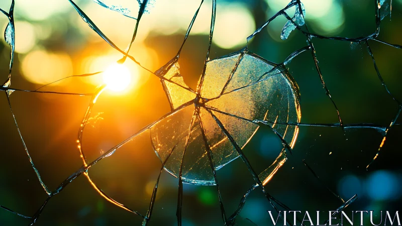 Sunset light shining through cracked broken glass pane.