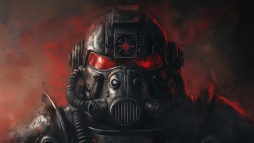 Heavily weathered power armor helmet with red visor glow, front