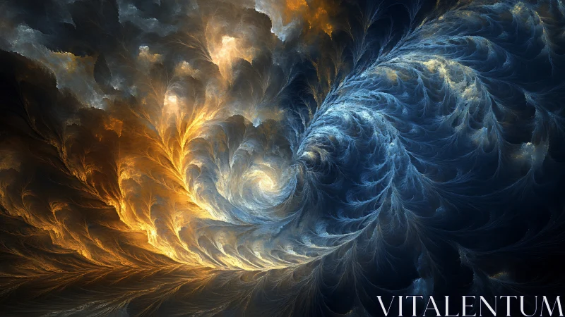 Fractal vortex plumes in dual-toned atmospheric spiral composition.