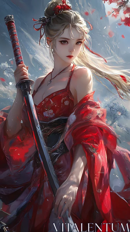 Female swordswoman in red kimono before mountainous backdrop.