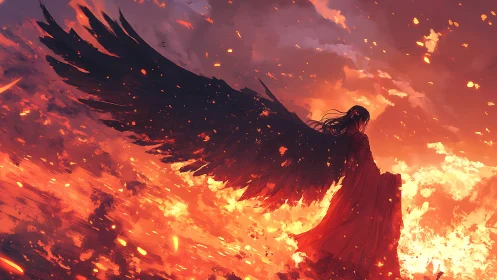 Dark angel silhouette strides through blazing sky inferno.