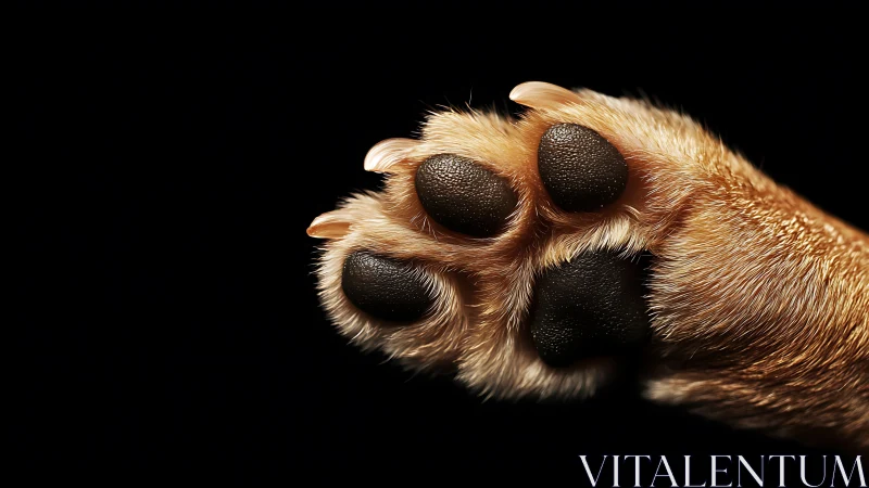 Close-up canine paw is displayed against uniform black