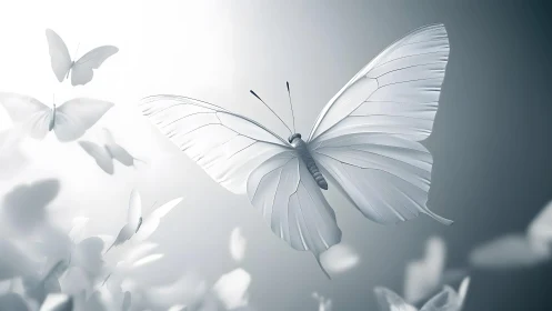 Elegant white butterfly in soft minimalistic style, glowing light.