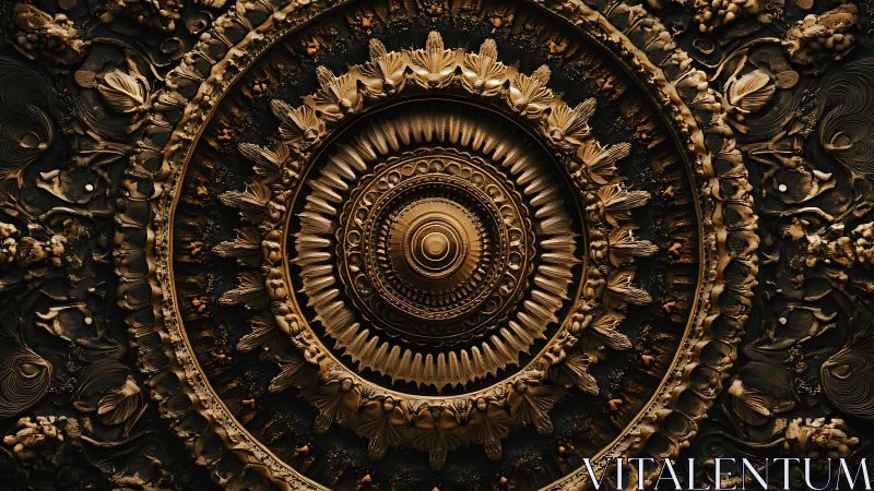 Ornate circular ceiling medallion shows layered radial carvings
