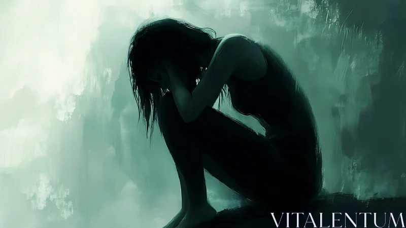 Solitary figure curls inward under muted teal haze.