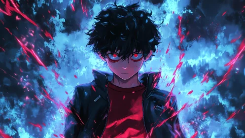 Intense anime hero glowing with fierce electric energy.