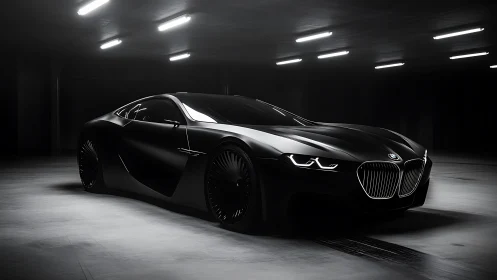 Sleek black BMW concept coupe in moody underground garage.