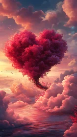 A Heart-Shaped Tree Blooming Among Dreamy Clouds.