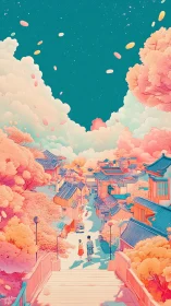 Dreamy pastel village stroll under a starry candy sky.