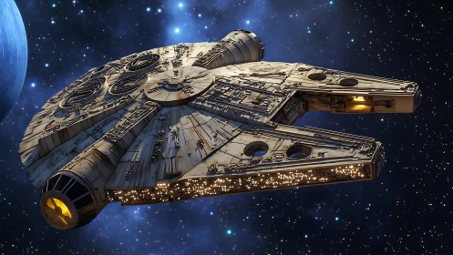 Iconic disc-shaped starship glides through deep space.