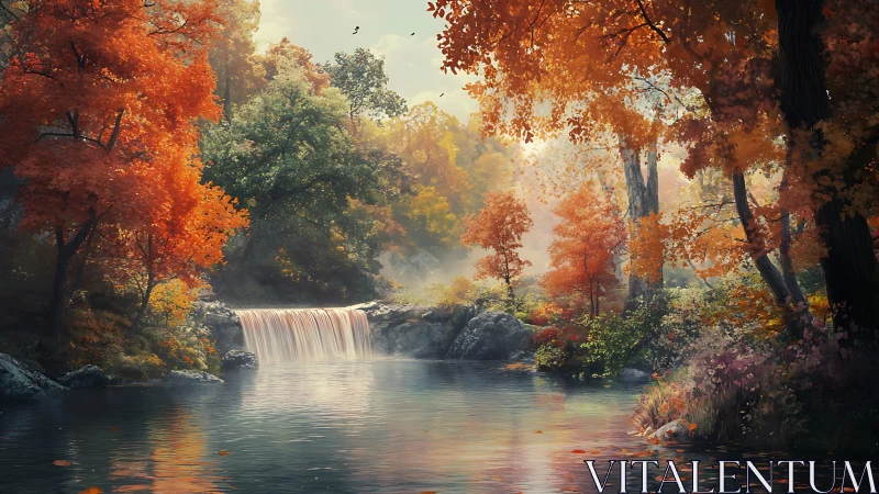Autumn forest waterfall over tranquil reflective river scene.