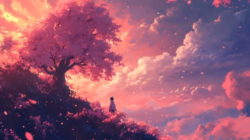 Solitary figure under luminous sakura at sunset ridge.