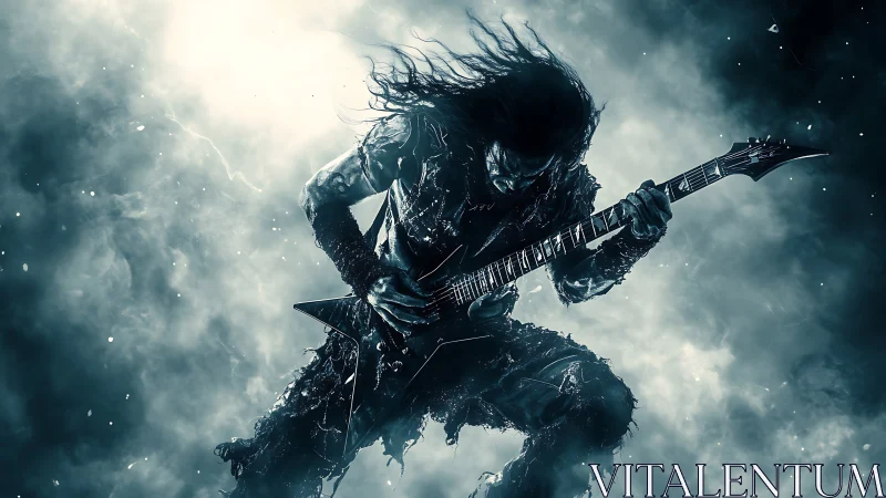 Storm-forged metal guitarist shreds in swirling cosmic haze.