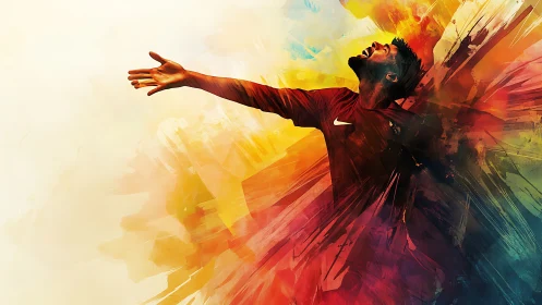 Triumphant athlete bursts through dynamic color explosion.