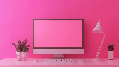Monochrome pink desktop workspace with minimalist monitor layout