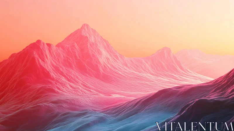 Iridescent neon mountains under gradient pastel sky.