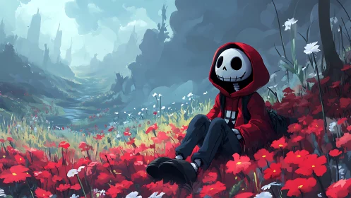 Lonely skeleton child rests in red wildflower field of hope