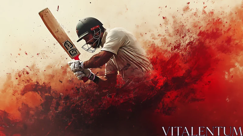 Dynamic cricket batsman amid explosive red motion field.