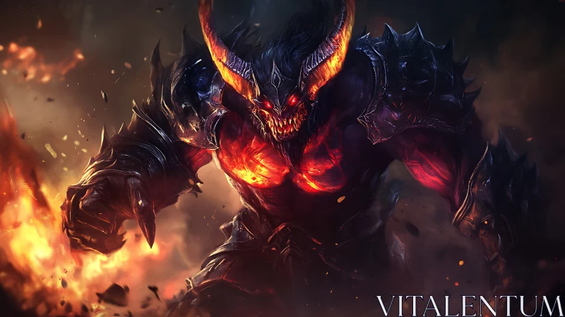Hellforged horned demon in molten armor amid erupting flames