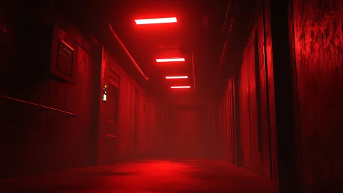 Red emergency corridor glows with tense, cinematic dread